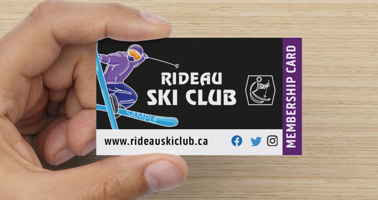 A person's hand holding the new rideau ski club membership card, which is black, purple, blue and white.